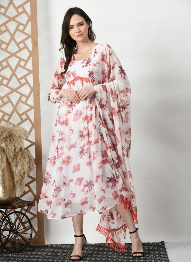 Cotton White Festival Wear Printed Readymade Gown With Dupatta